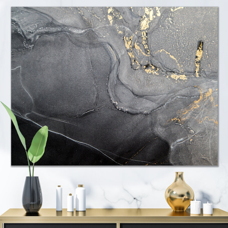 Gloden - Marbre noir et gris, ondulations V - œuvre d'art moderne sur toile, H 16 po x l 32 po, Toile tendue