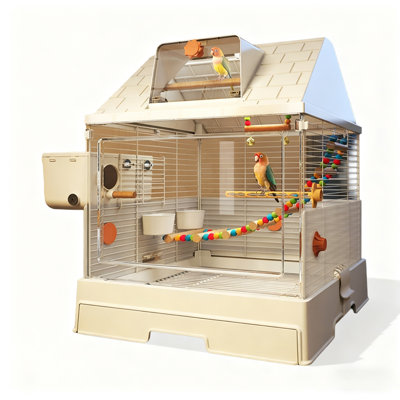 Cream Minimalist Plastic Metal Parrot Cage, Tabletop House Shape Bird Aviary with Top Transparent Play Attic