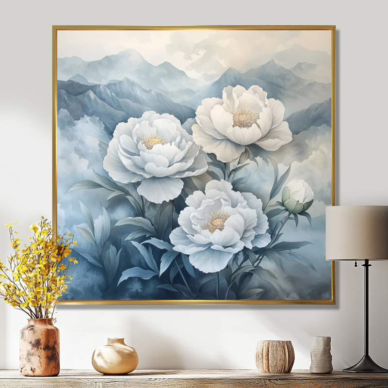 Givinda, pivoines dans les montagnes brumeuses I - pivoines, art mural, H 30 po x l 30 po, Impression encadrée flottante