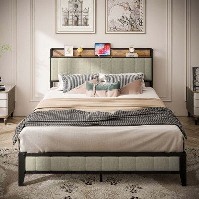 Bed Frame With Charging Station, Upholstered Headboard, And Metal Platform For Modern Convenience And Style