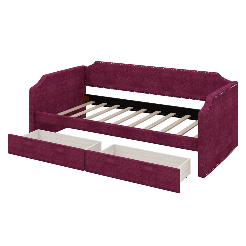 Lit de jour rembourré avec 2 tiroirs, lit tapissier en velours pour chambre d'amis, Wine Red