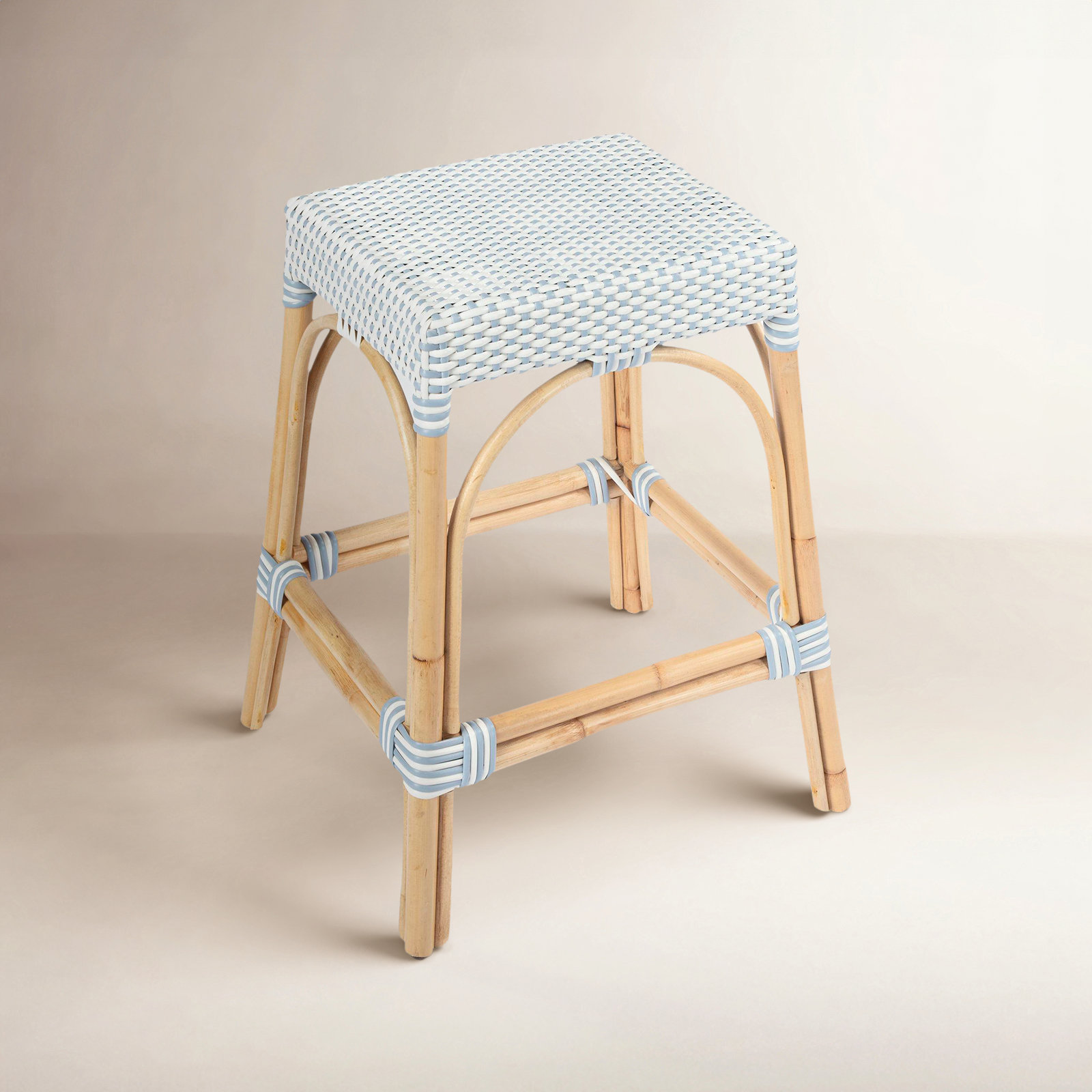Lennart Bar Stool, White/Sky Blue Dot / Natural Rattan Frame, Counter Stool (24.5" Seat Height)