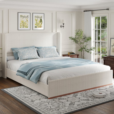 Corduroy Bed Frame with 47" Headboard, Upholstered Platfrom Bed with Vertical Stripe Wingback by LHLYCLX