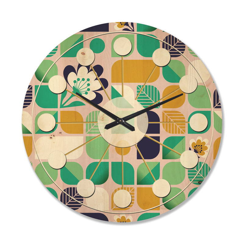 Horloge murale en bois à motif géométrique avec feuilles et fleurs, Très grand