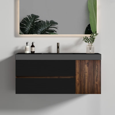48" Modern Bathroom Vanity In Walnut And Black, Wall Mounted, E0 Water - Based Lacquer, U Shaped Drainage, Ample Storage Mounted Floating 48", Matt Black Sink, Color, Silent Drawers, 4.7 Inch Deep