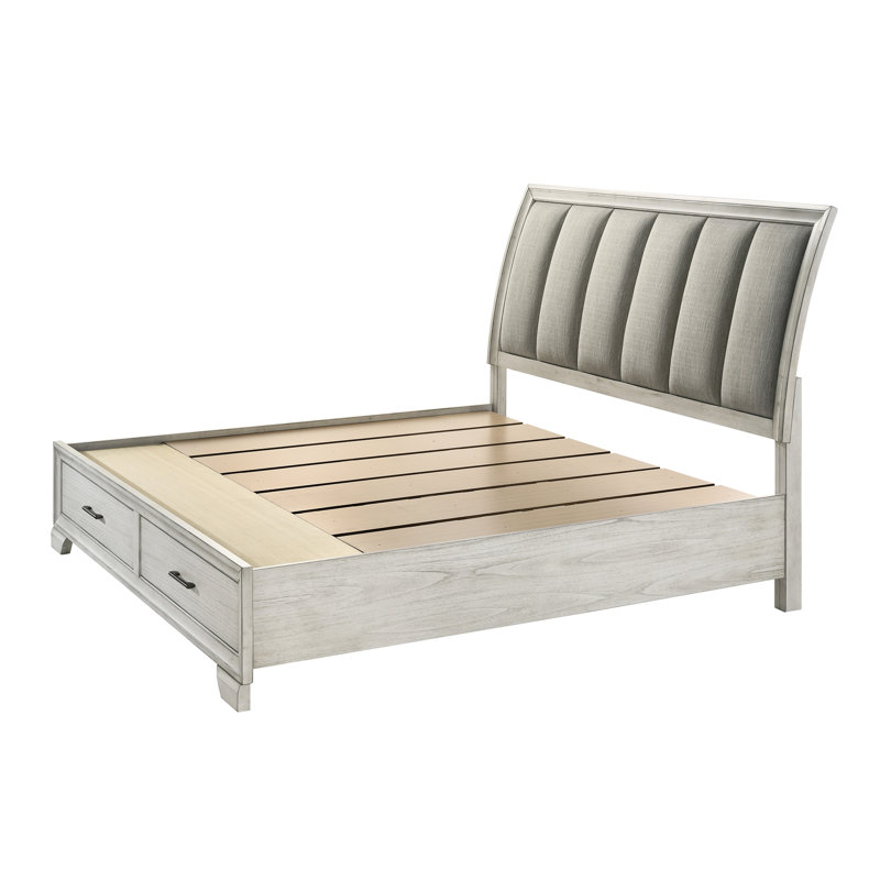 Grand lit plateforme à brume blanche avec tête de lit ultra rembourrée et deux tiroirs de rangement, atmosphère contemporaine, design, couleur, structure en bois massif