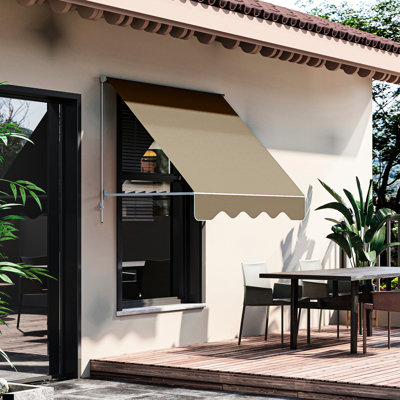Retractable Awning For Patio And Balcony Sun Shelter, 6' Drop Arm, Protection, Strong Aluminum, Creamy White Arm Manual Outdoor Shade Awning, , , Aluminum Hardware,