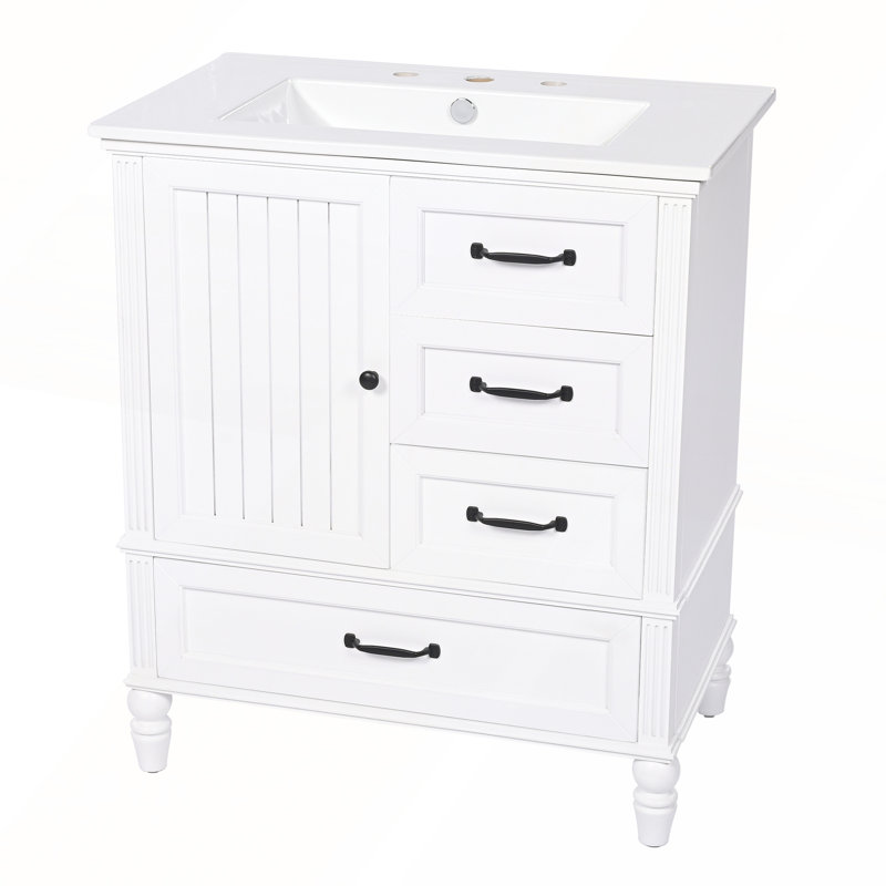 Meuble-lavabo de 30 pouces d'inspiration rétro avec lavabo en céramique, trois tiroirs et armoire à une porte pour beaucoup de rangement
