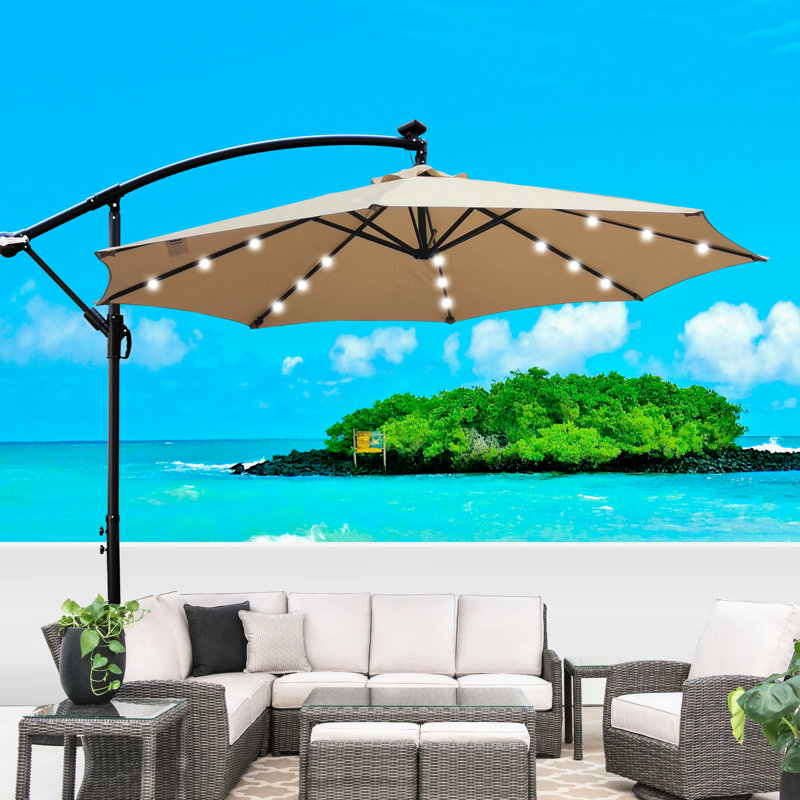 Parasol de patio extérieur brun clair 10 pi - Lumières solaires, protégées, 8 nervures, manivelle pour piscine de terrasse de jardin avec base légère alimentée et base croisée