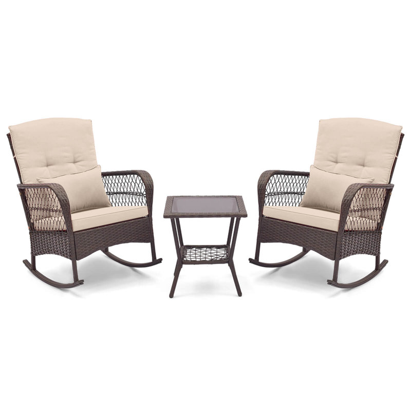 Ensemble de chaises berçantes d'extérieur en osier avec table basse double 3 pièces, Beige