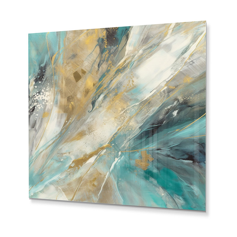 Golden Hour In Turquoise Waves IV - Décoration murale abstraite en métal, H 29 po x l 29 po x P 1 po