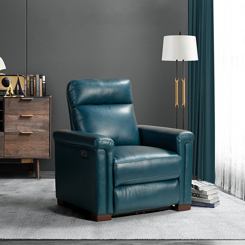 Aziah 34.65" Wide Genuine Leather Power Recliner With USB Port, Dove Genuine Leather