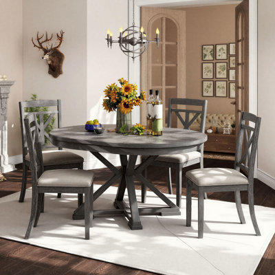5-Piece Round Extendable Dining Set With Pedestal Table And Upholstered Chairs