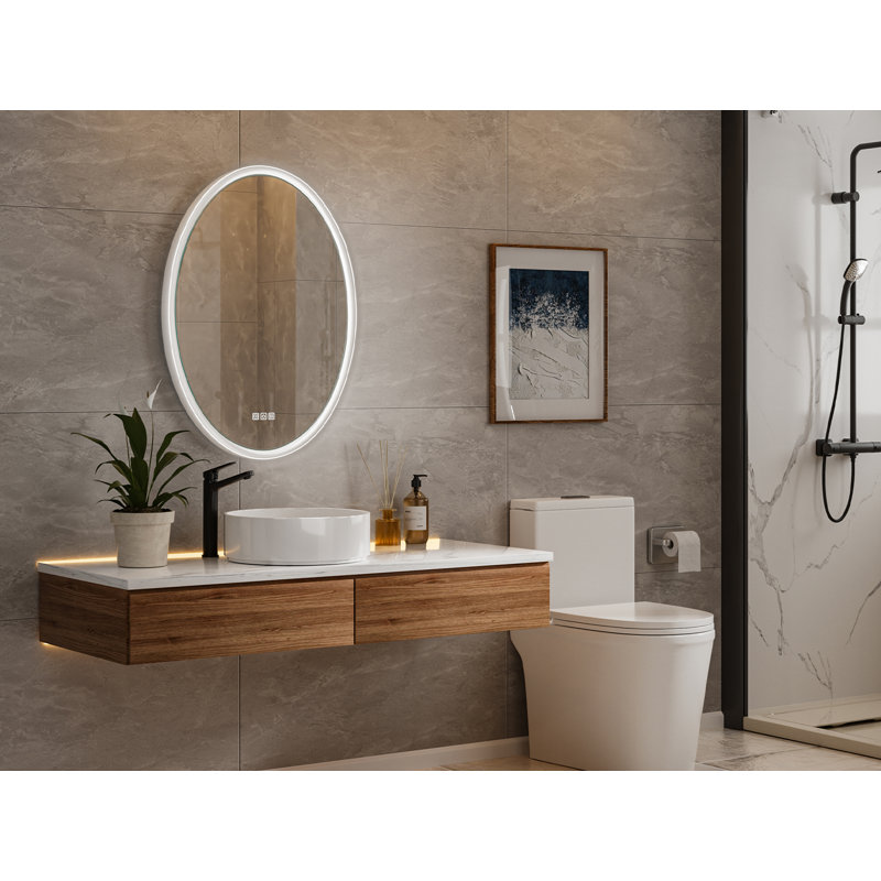Daania Oval LED Wall Mirror With Defogger, White Floating Backlit Bathroom Mirror, Etl & Fcc, 36" x 24"