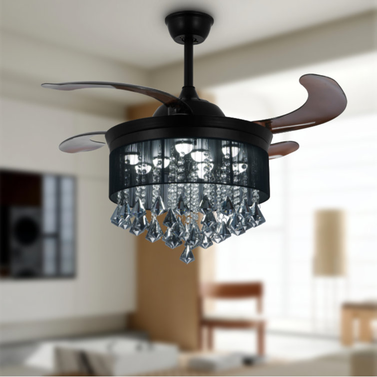 Black Crystal Invisible Ceiling Fan Light - 3 Color Dimmer W/ Remote Control - Ceiling Light Fixture