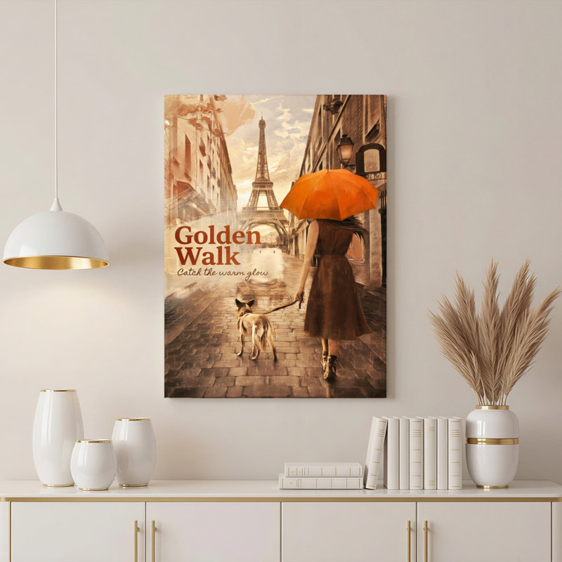 Tableau sur toile tendue représentant une femme avec un chien et un parapluie, sur la Tour Eiffel, à Golden Walk (lot de 1).