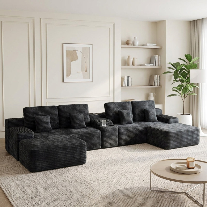 68.5" W Comfy U-shaped 5-Piece Sectional Sofa with 2 Ottomans and Black Plush Corduroy Fabric