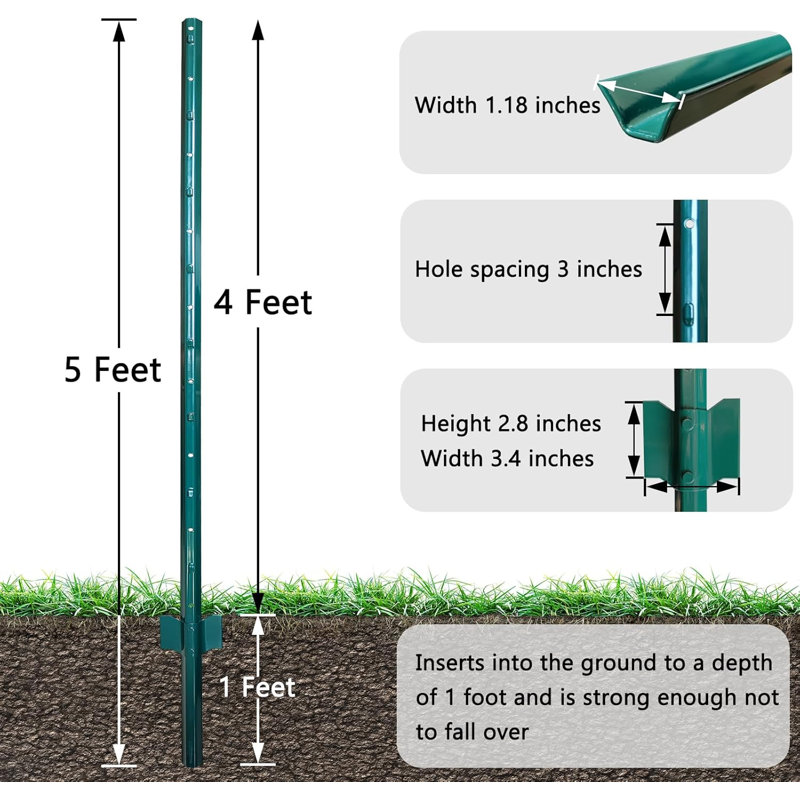 10 Pack Green Fence Stakes for Wire Mesh, Chicken Coop & Pet Barrier, Easy Setup, 5ft