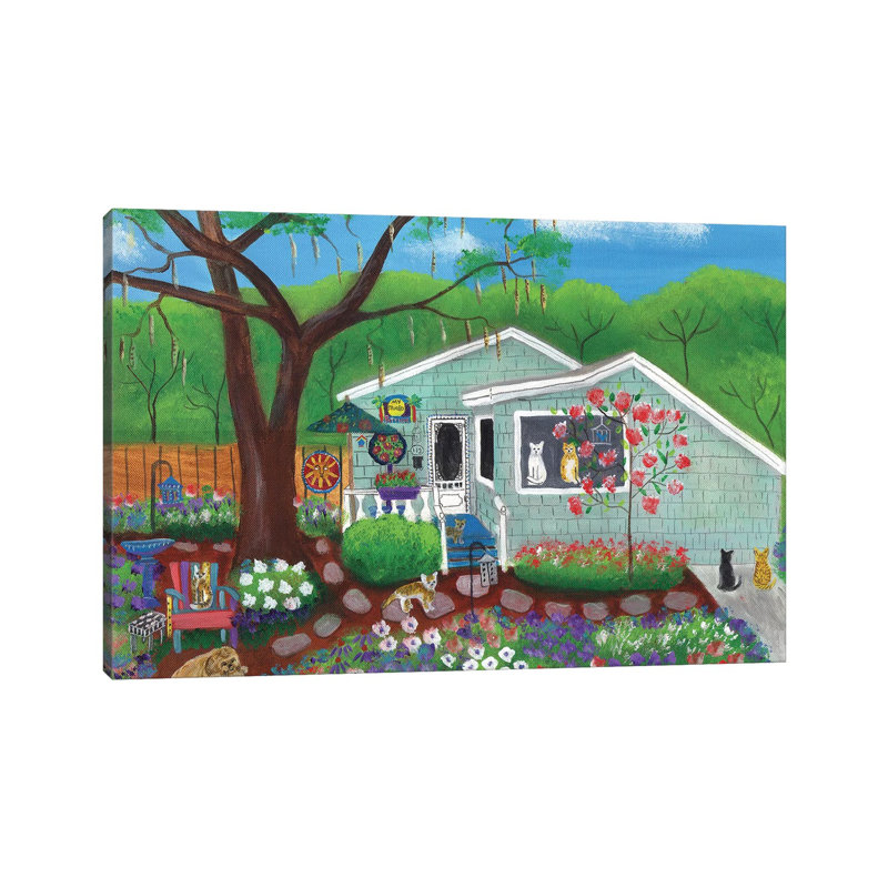 Cats And Dog At Garden Folk Art House by Cheryl Bartley - Wrapped Canvas Print, 66.04 cm H x 45.72 cm W x 1.91 cm D