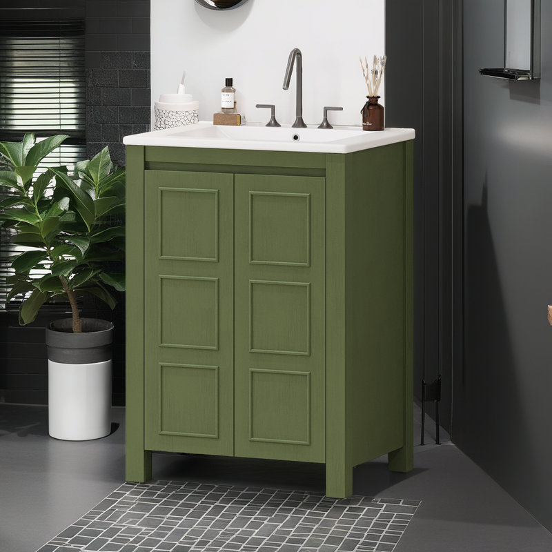 Meuble-lavabo vintage 24 po avec lavabo en céramique, tablette réglable