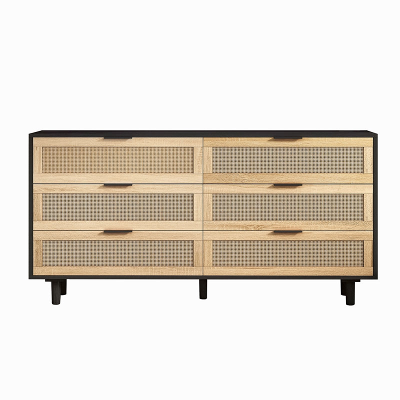 Armoire de rangement 59,6 po à 6 tiroirs avec tiroir en rotin, pour chambre à coucher et salon, Noir