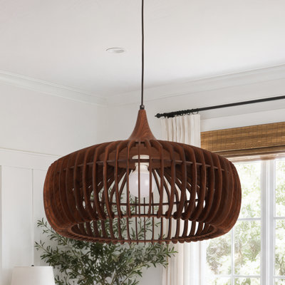 21.3 Inch Walnut Wood Open Slatted Pendant Light, Farmhouse Adjustable Hanging Ceiling Light with 3 Color Temperature E26 Base