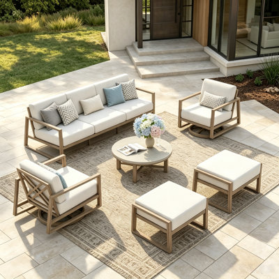 Patio Aluminum 5 Person Swivel Conversation Set With Concrete Table And Ottomans