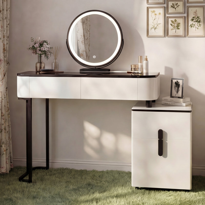 Vanity Desk With Led Lighted Mirror, Makeup Table with 4 Drawers, Dresser Table for Bedroom, White and Black