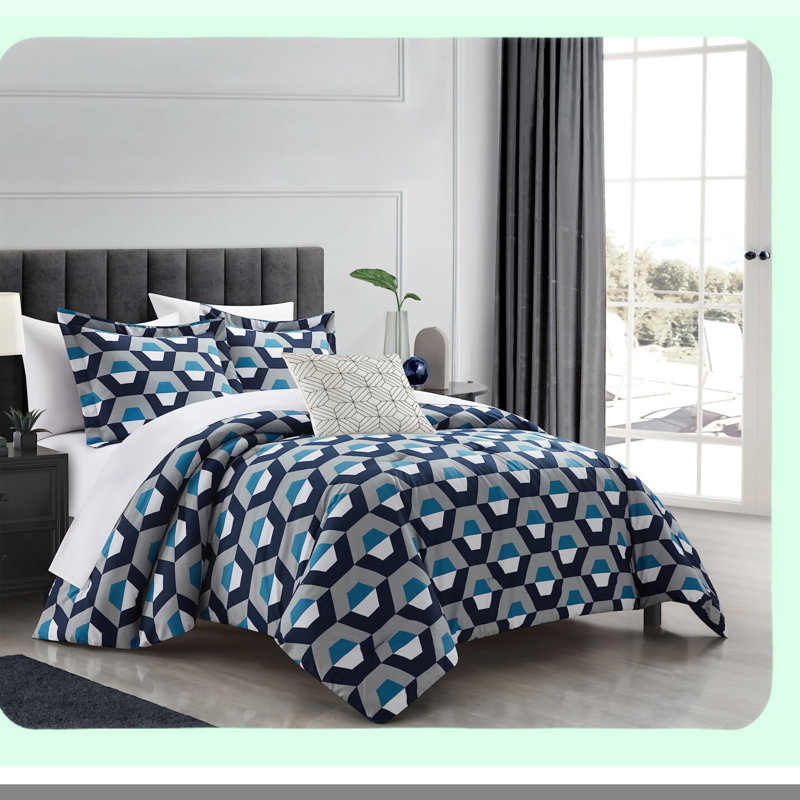 HexaComfort 4-Piece Geometric Queen Comforter Set - Modern Hexagon Pattern Print Design Bedding with Decorative Pillow Shams in Blue.