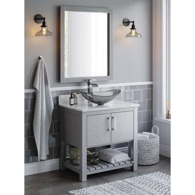 30-inch Bathroom Vanity with Carrara Marble Top, Glass Sink and Chrome Hardware