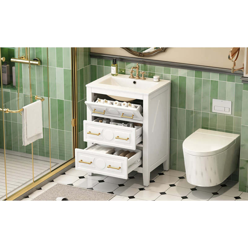 Meuble-lavabo blanc rétro 24 po avec lavabo en céramique, 3 tiroirs, structure en bois massif - Protection contre les débordements