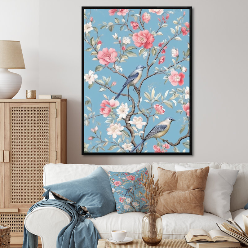 "Chinoiserie avec oiseaux et pivoines", impression sur toile encadrée, Cadre flottant noir, H 24 po x l 24 po x P 1 po