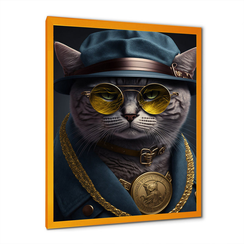 «Mafia Cat I», impression sur toile, H 32 po x l 16 po x P 1 po, Impression dorée sur toile encadrée