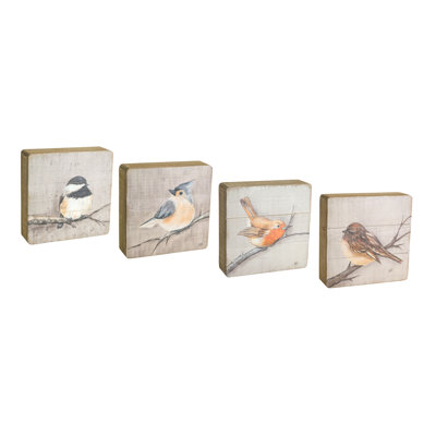 Rustic Wood Bird Plaque (Set of 4)-74579DS