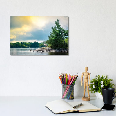 Caribou Posing On The Shore Of Lake by Nik Rave - Wrapped Canvas Print