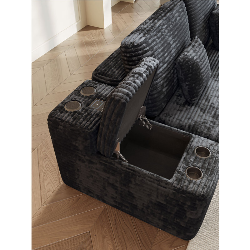 Canapé modulaire 5 pièces de 150 po avec 2 repose-pieds, canapé confortable en forme de U pour le salon, tissu en velours côtelé pelucheux noir