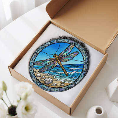 7.8"H Dragonfly Beach Stained Glass Window Panel