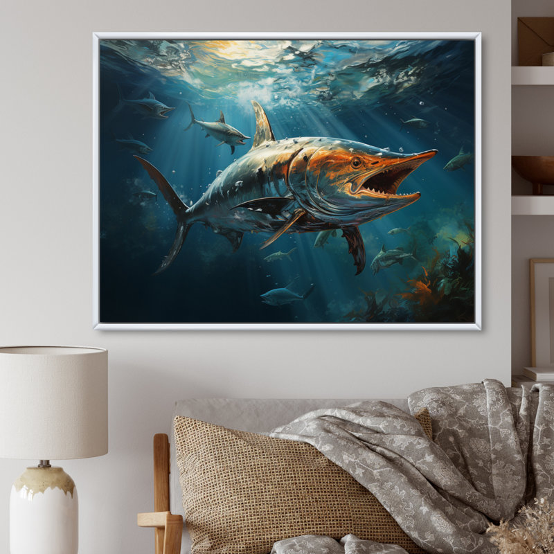 " Fishing Majestic Marlins Jumping III ", H 24 po x l 32 po x P 1 po, Cadre flottant blanc