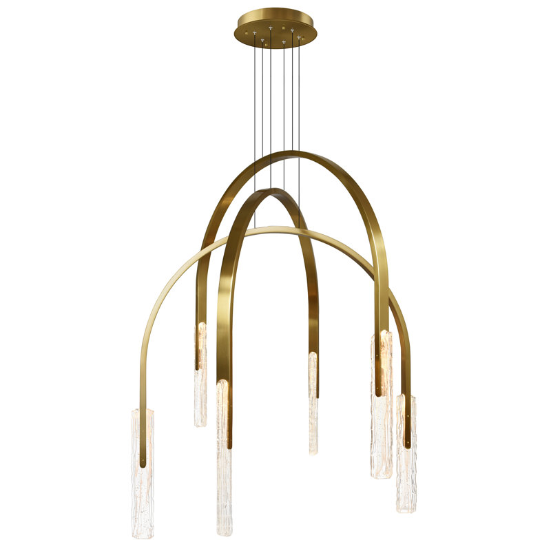 Lustre en laiton de 96,5 cm (38 po) avec éclairage DEL intégré et verre travaillé à la main, Laiton