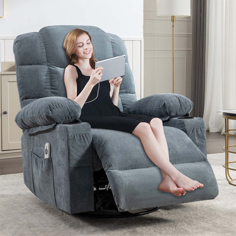 Luxurious Gold-Stamped Velvet Recliner With Vibration Massage, Heating, And Rocking Function For Ultimate Comfort, Blue