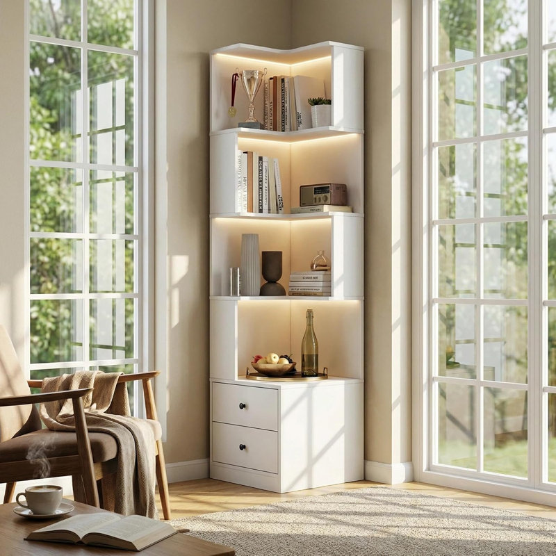 Bibliothèque de coin à 4 niveaux avec chicane et tiroirs, Blanc