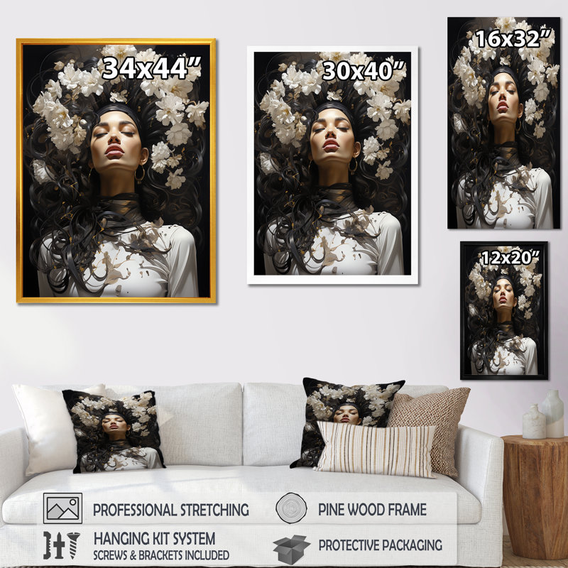 «Woman With Flower Crown Beauty II», art sur toile tendance, H 32 po x l 24 po x P 1 po, Cadre flottant doré