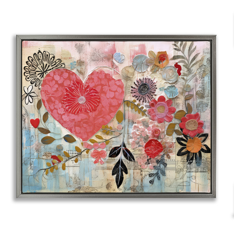 «Playful Heart & Flowers», art mural encadré par LSR Design Studio, H 17 po x l 21 po, Cadre flottant gris lustré