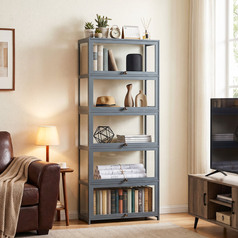 Modern 5-Tier Shelf Display Cabinet Curio Cabinet With Acrylic Flip-Up Door And Metal Handle, Floor Standing Organizer For Home Office And Living Spaces
