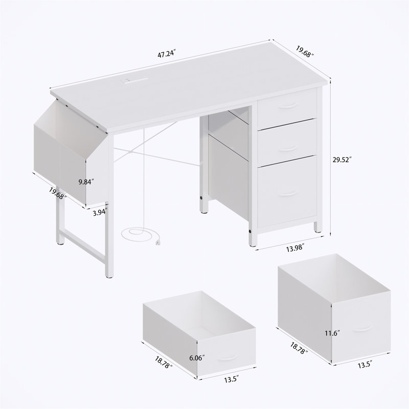 47.3"Office Desk With Power Outlet,3 Drawers,Side Pocket, Study Desk Easy To Assemble,Frame Stability Reversible For Home Desk, Company Computer Desk, Game Table,Vanity Table