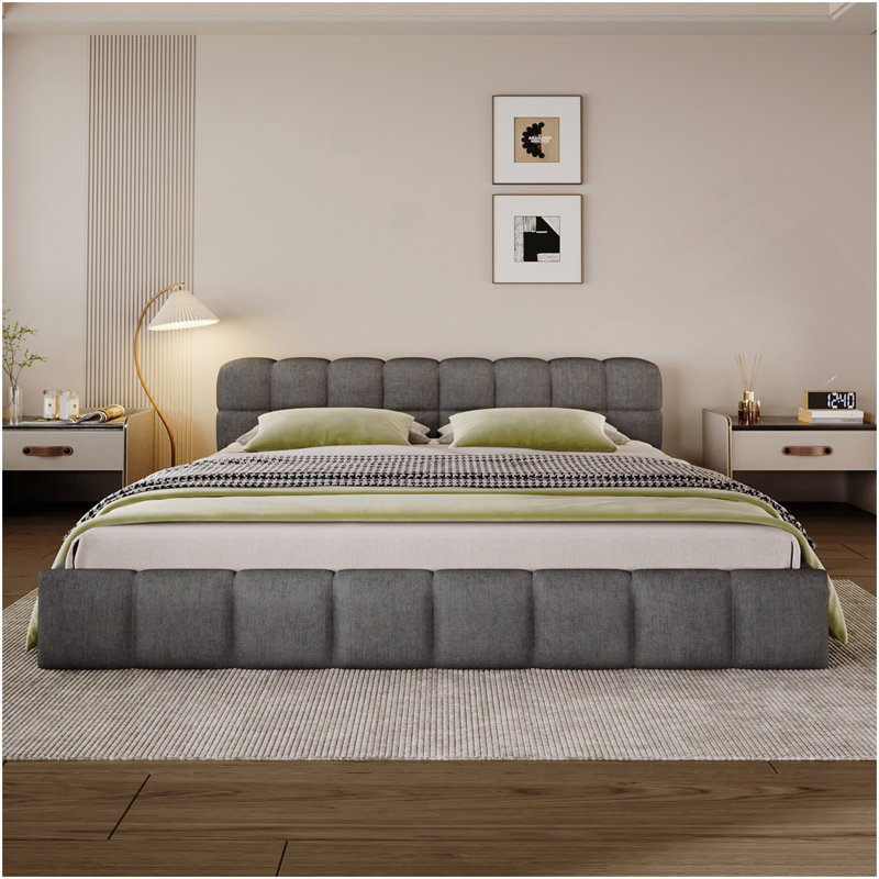 Lit tapissier élégant en chenille beige avec motif à damier, très grand, gris