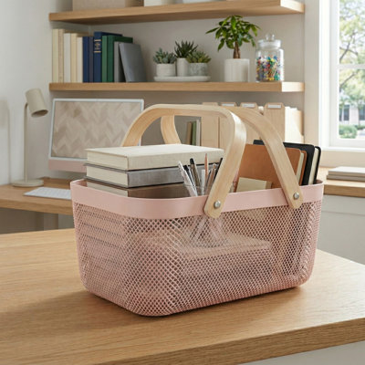  Grand panier de rangement en plastique avec poignée en bois couleur rosée