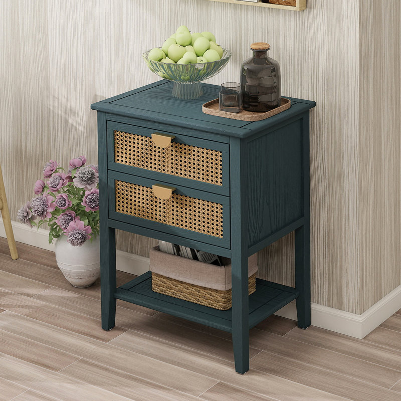 Table d'appoint à deux tiroirs en rotin naturel, table de bout idéale pour la chambre à coucher, le salon et le bureau