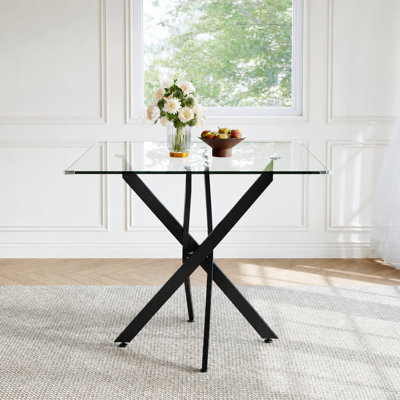 36" Modern Square Tempered Glass Dining Table with Chrome Stainless Steel Legs, Space-Saving Kitchen Table with Corner Guards, Seats 2-4