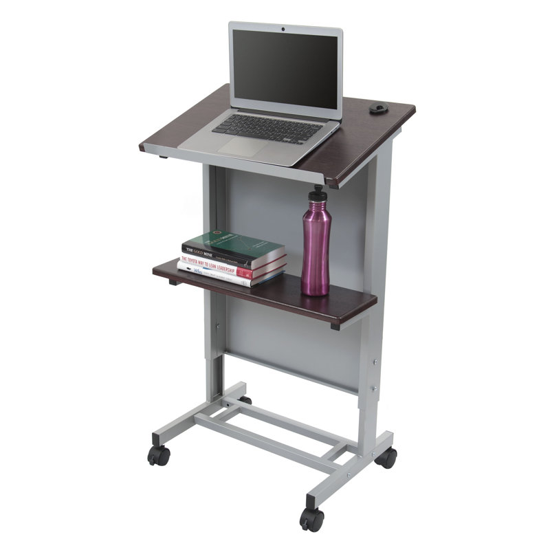 Adjustable Height Silver Frame Rolling Lectern with Walnut Shelves